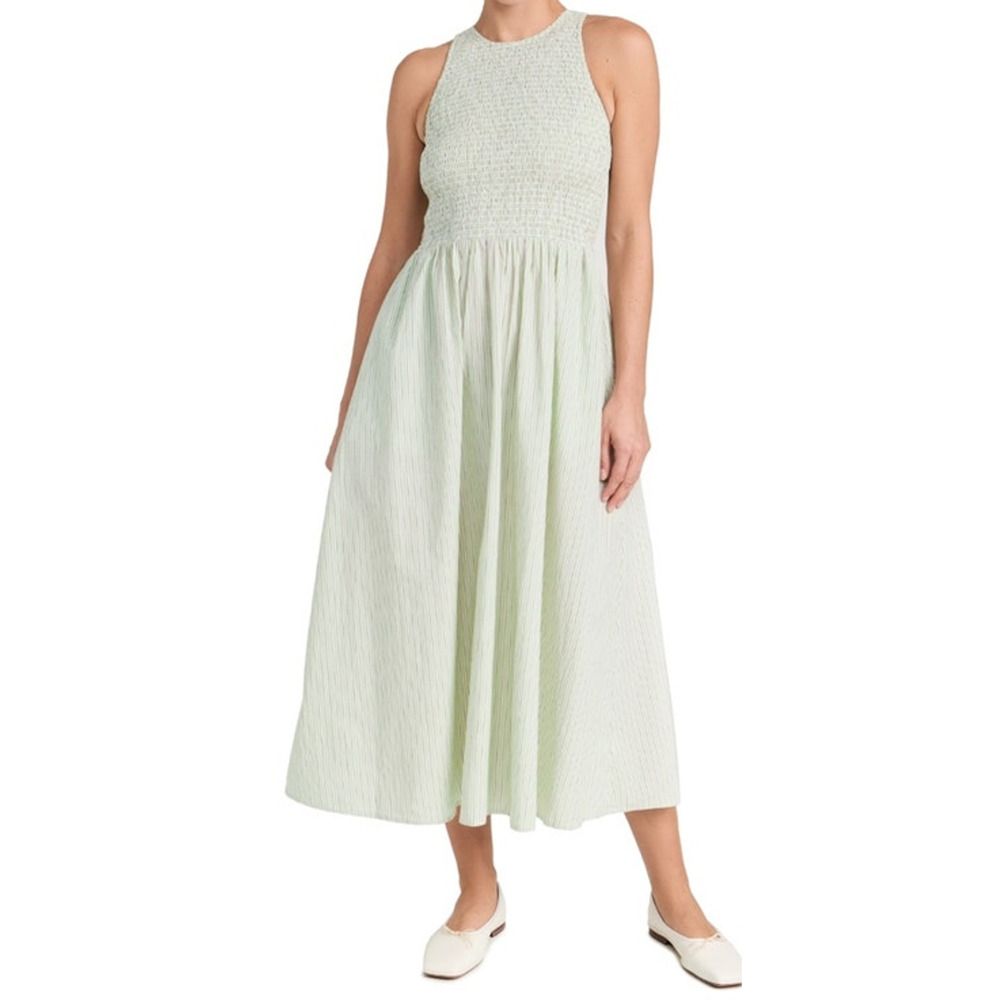 Madewell The Melody Smocked Cotton Pistachio Stripe Midi Dress US Women's XS New